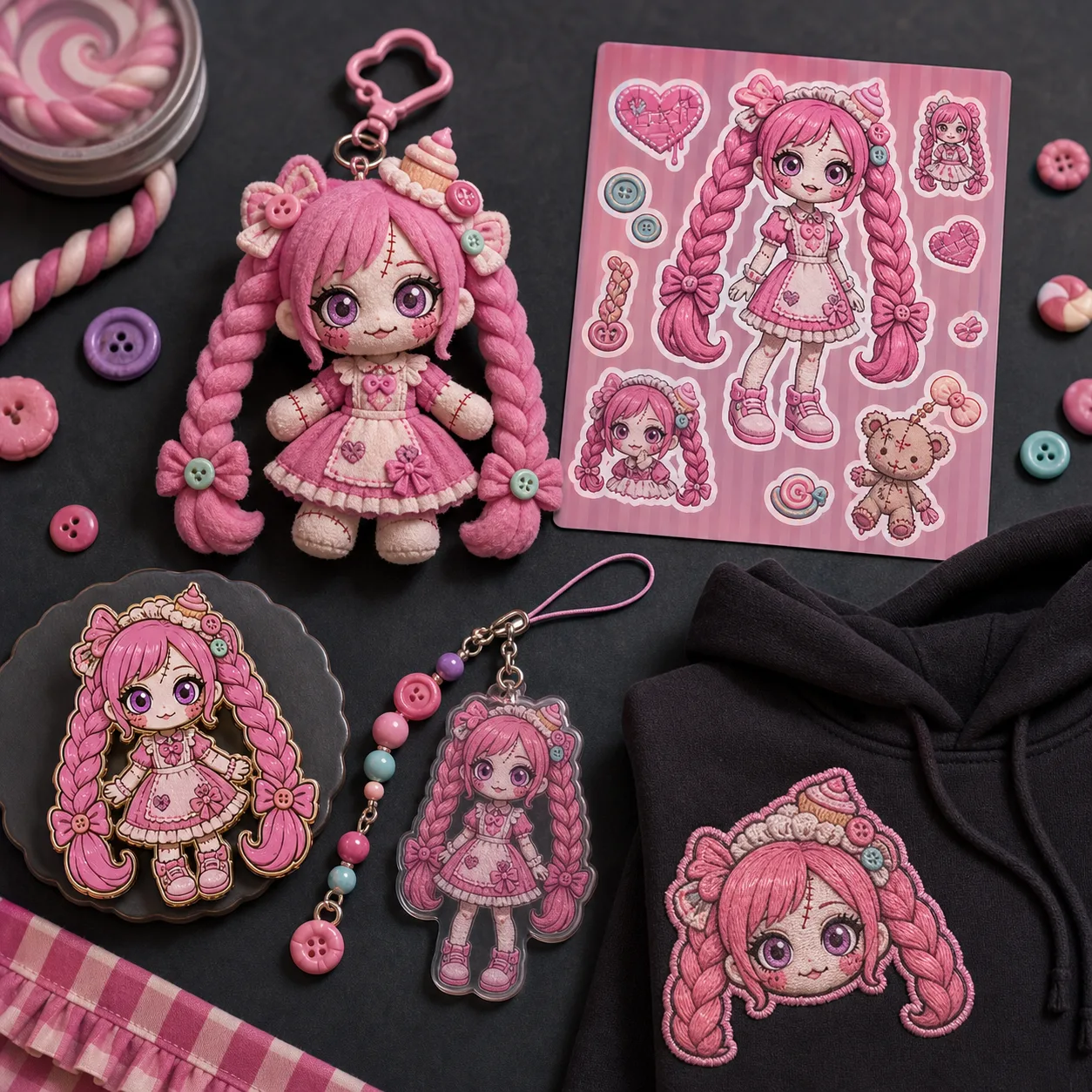Fan merch concept board with plush, stickers, pins, charms, and patch ideas