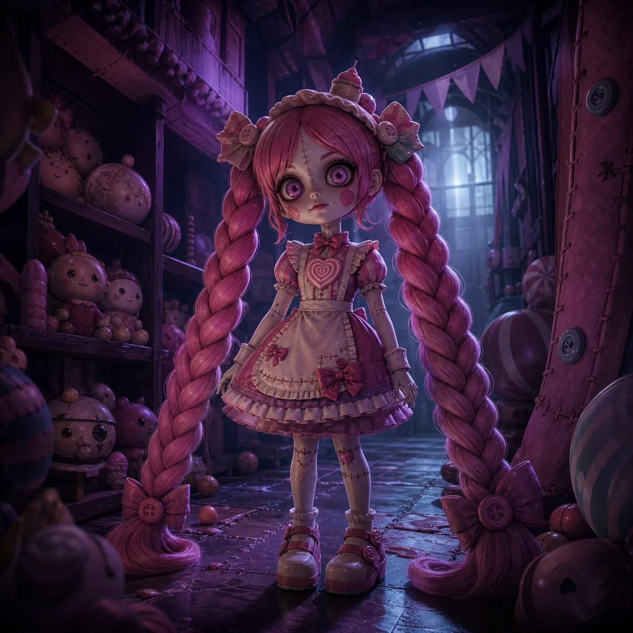 Horror doll-style fan concept of a pink-braided Lily Lovebraids inspired character